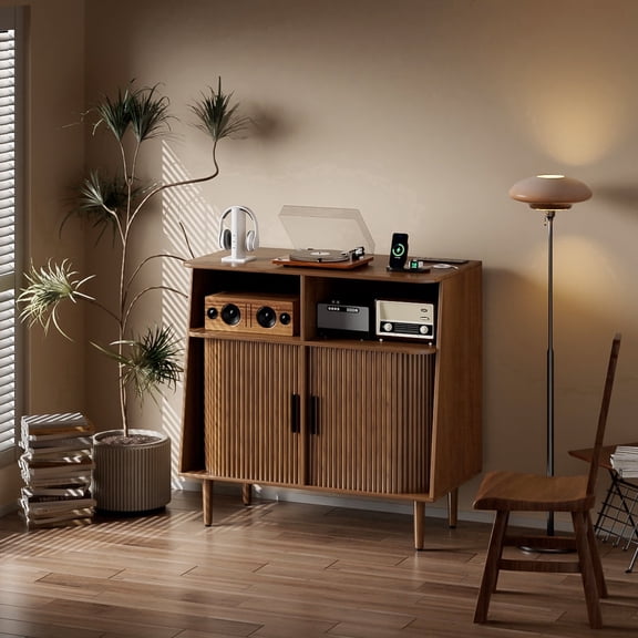 Record Player Stand, Vinyl Storage Cabinet with Sliding Doors, Modern Turntable Stand Table for Living Room