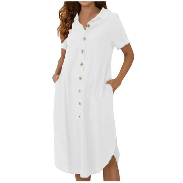 Robes Décontractées pour Femmes, Couleur Unie, Boutonnée, Col en V, Col à Revers, Robe Midi, Manches Longues/courtes, Robe Chemise avec Poches