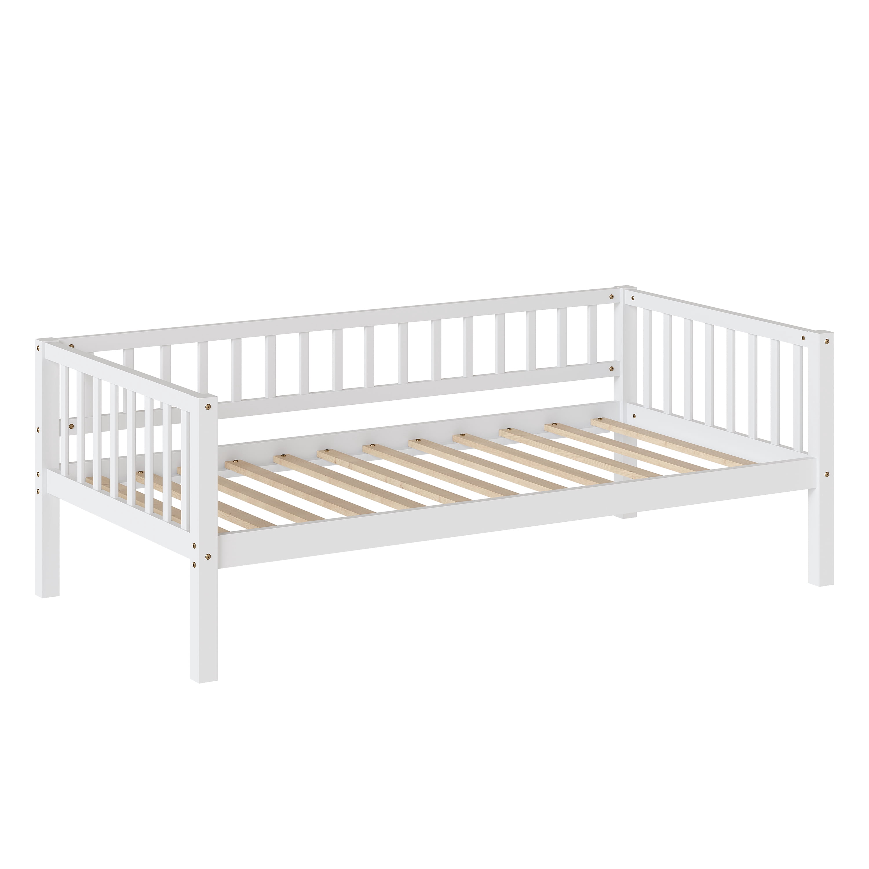 GARITIN Twin Size Daybed, 3-Sided Vertical Slat Guardrail Bed Frame, Breathable Wooden Slat Support Leisure Bed for Kids Bedroom Guest Room, White