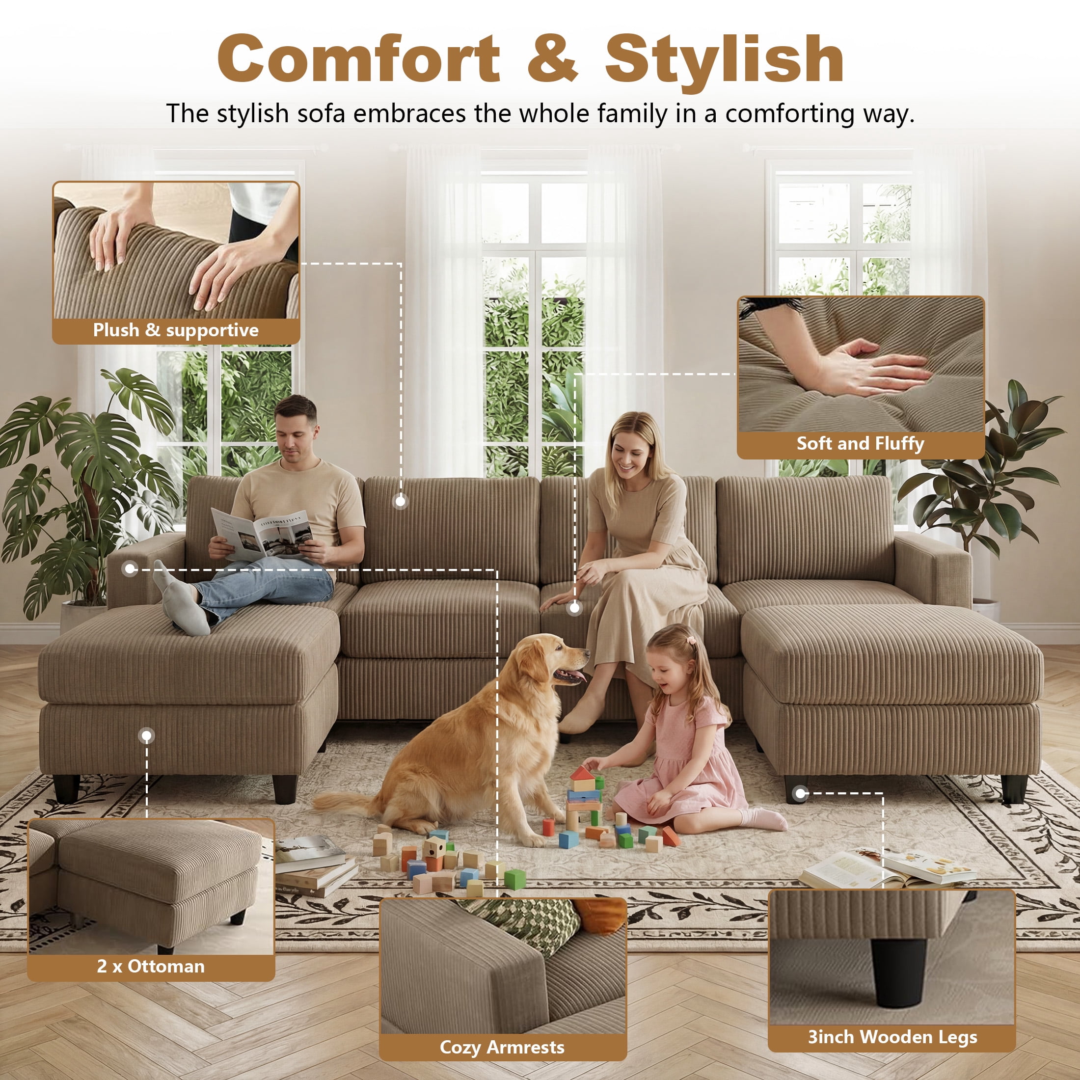 Aukfa 101" Corduroy U-Shaped Sectional Sofa with 2 Ottomans, 6-Seater Cloud Couch, Camel