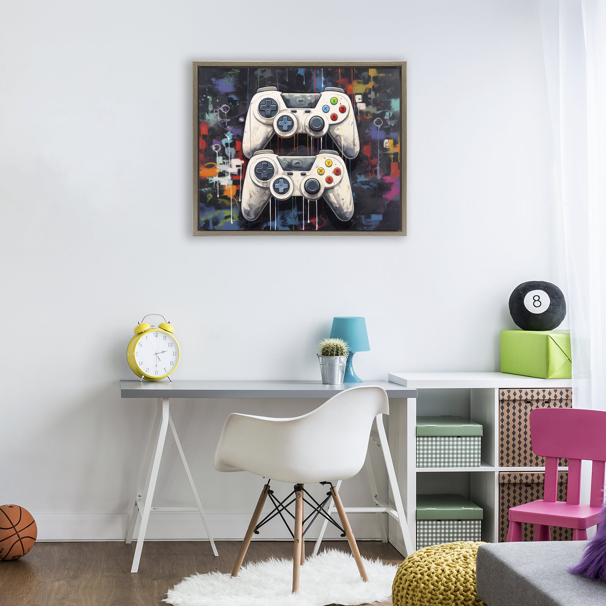 Stupell Industries Joystick Journeys with Paint Splatter Brown Framed Floater Canvas Wall Art, design by Lazar Studio