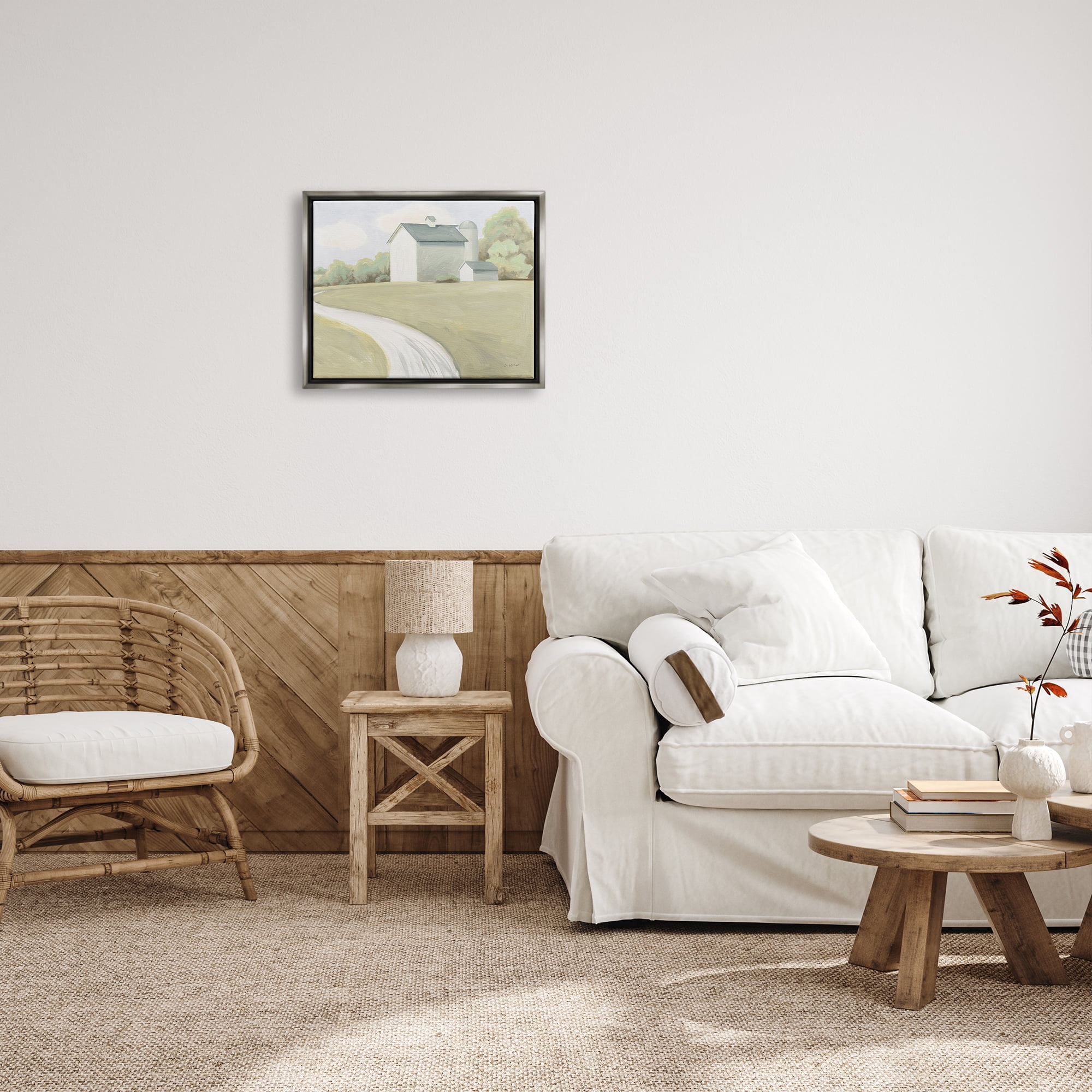 Stupell Industries Country Path to Barn Nature Painting Gray Floater Framed Art Print Wall Art, 21 x 17