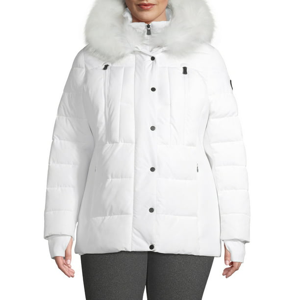 Short Puffer Coat With Faux Fur Hood, Laundry Faux Fur Lined Coat Plus Size Black And White