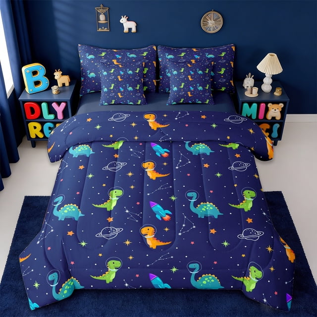 Manfei Ensembles de Literie Simple 7 Pcs à Motif de Fusée de Dessin Animé, Ensemble de Douillette Kawaii Dinosaure Dino pour Garçons, Réversible