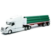 Volvo VN-780 Truck with Flatbed Trailer and Long Pipes White Long Haul Truckers Series 1/32 Diecast Model by New Ray