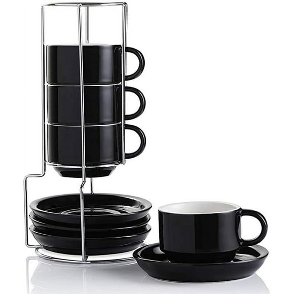 CNKOO Porcelain Espresso Cups with Saucers 4 Ounce Stackable Cappuccino Cups with Metal Stand for Coffee Drinks Latte Tea