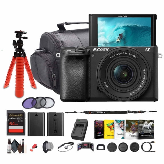 Sony a6100 Mirrorless Camera with 16-50mm f/3.5-5.6 II Lens (ILCE6100KB)   Photography Software   64GB Memory Card   NP-FW50 Battery   Camera Bag   Charger   Lens Filter Kit   Flexible Tripod   More