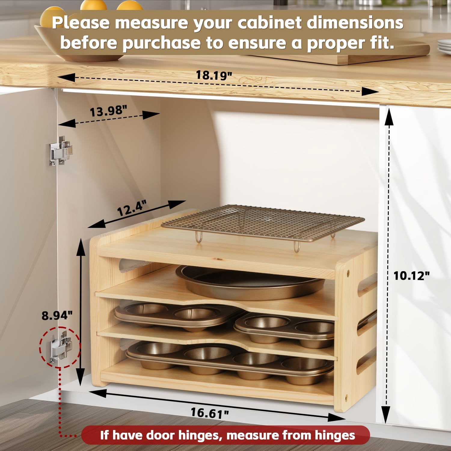4 Tier Wooden Cabinet Tray Dividers for Baking Trays, Pans & Cutting Boards - 16.61" Wx12.4 Dx8.94 H Vertical Cookie Sheet Organizer, Spoon Rest, Utensil Holder, Kitchen for Pots Pans Storage