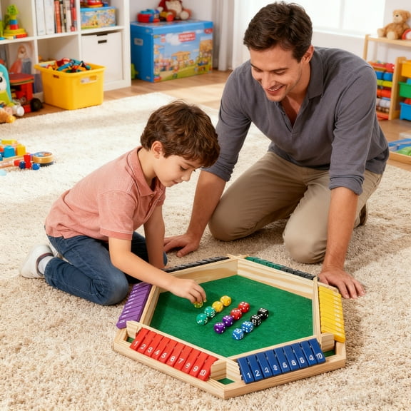 Hexagonal Wooden Shut The Box Game - 6-Player Dice Game with Colorful Number Tiles, Great for Multi-Player Socials, Math Skills & Group Entertainment