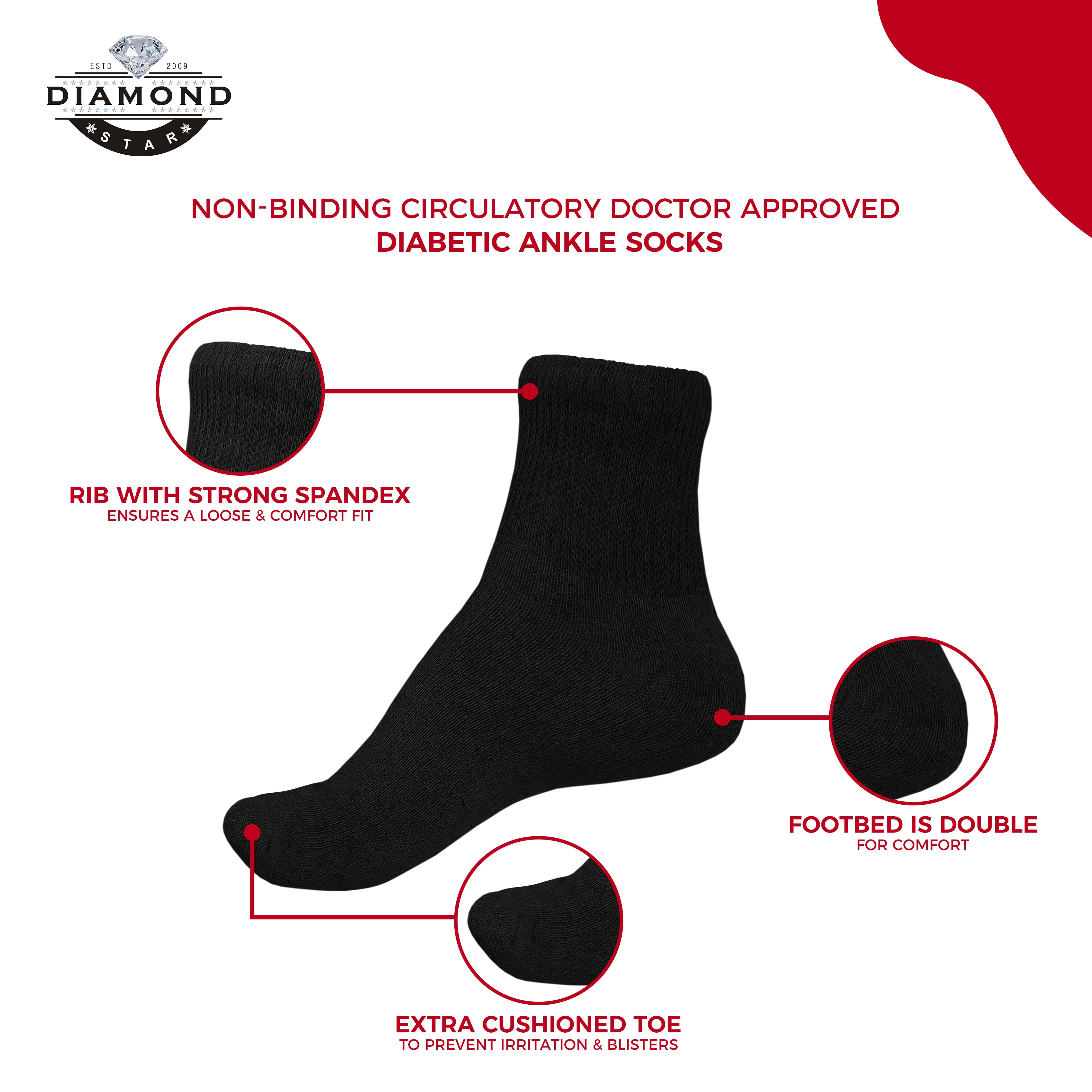 Diabetic Ankle Socks – Non-Binding Circulation Quarter Socks, Cushioned Cotton Blend for Men & Women (Black 6Pairs, Size 10-13, Fits Women’s Shoe 7-12)