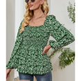 thumbnail image 3 of Blusa de mujer elástica con cuello cuadrado floral y manga larga abullonada con dobladillo con volantes y espalda descubierta para citas Verde XL, 3 of 6
