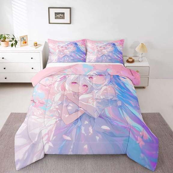 Feelyou Pink Anime Girl Twin Comforter Sets, Cartoon Tokyo Princess Bedding Set, 2pcs