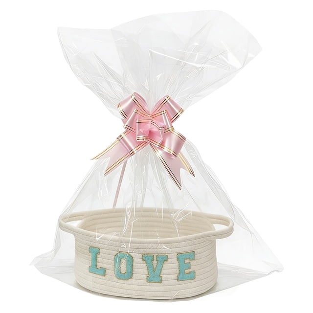 XIPYYKM 1 Pack Small Woven Basket with Gift Bag and Ribbon, Empty Decorative Gift Chest Box, Cute Gift Basket, Cotton Rope Room Shelf Storage Basket with Handles, 12"x 8"x 5"