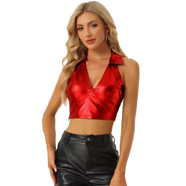 Corpiño de Color Brillante Metálico para Mujer con Cuello Halter Ajustador sin Mangas con Espalda Descubierta rojo L