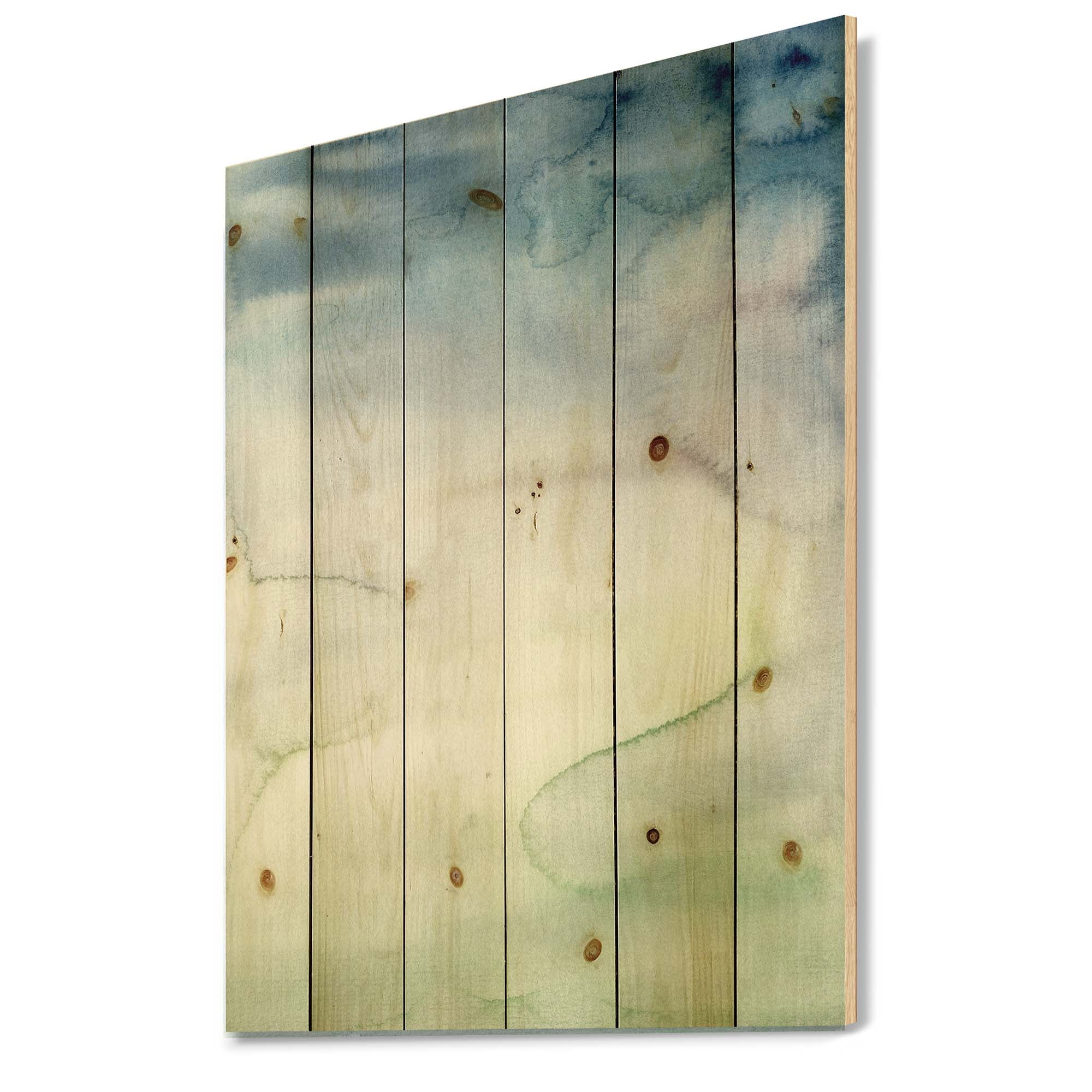 Designart 'Pastel Abstract With Green Dark Blue and White Spots' Modern Print on Natural Pine Wood