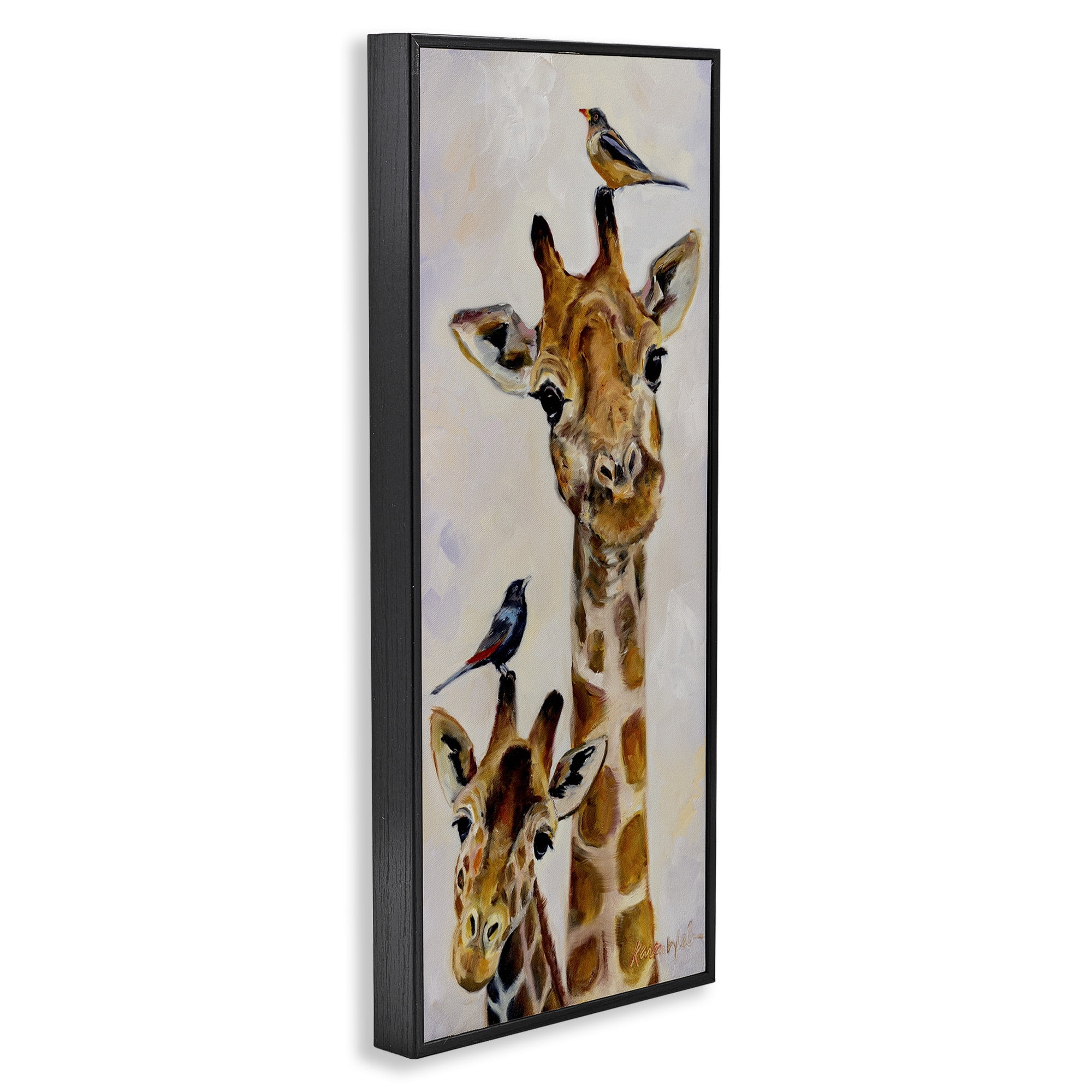 Stupell Industries Giraffe & Perched Birds Animals & Insects Painting Black Framed Art Print Wall Art, 13 x 30
