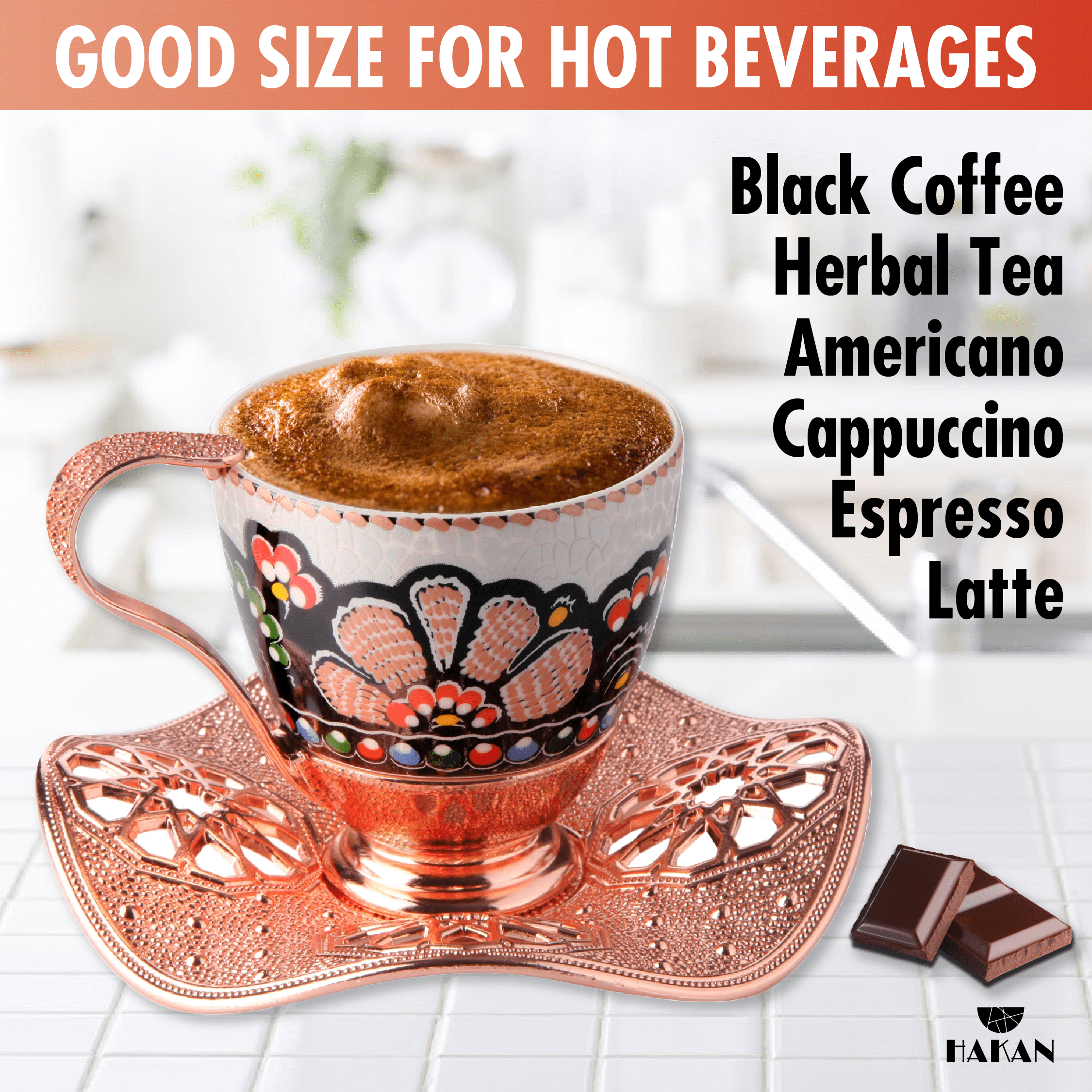 Turkish Coffee Cup Set of 6 with Handmade Wavy Design Saucers and Cup Holders | 18-Piece Elegant Rosegold Espresso Mugs for Authentic Turkish, Greek and Arabic Coffee Experience, 3 oz