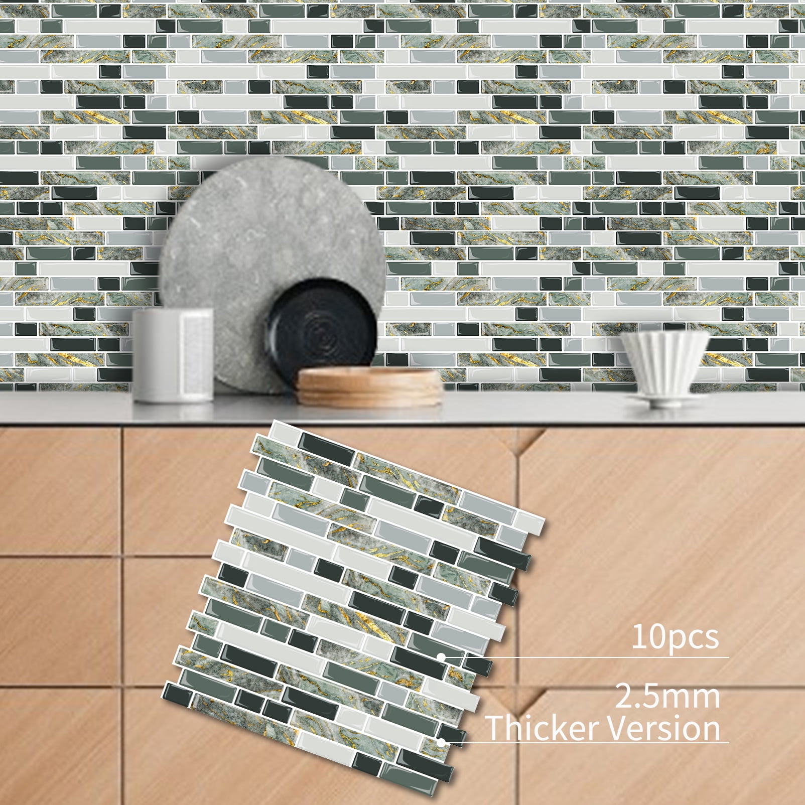 DEWOO Thick Kitchen Peel and Stick Tile Backsplash, Stick on Wall Tiles, 12"x12" Self Adhesive Sticky 3D Wall Marble Tiles Bathroom (10-Sheet，Gray Green)