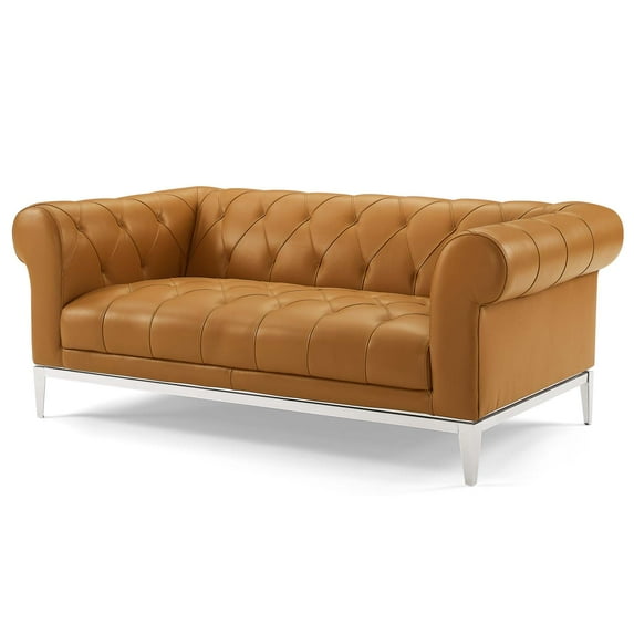 Contemporary Modern Urban Designer Living Room Lounge Club Lobby Loveseat Sofa, Leather, Tan Brown