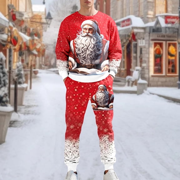 MAIHAN-Men's Christmas 3D Print Hoodless Sweatshirt & Jogger Set - Soft Two Piece Outfit with Festive Graphics for Holiday Season Comfort Wear(Red,S)