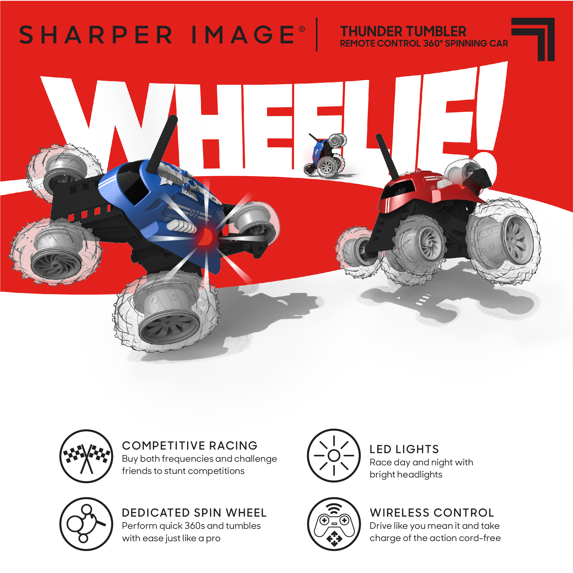 SHARPER IMAGE Thunder Tumbler Toy RC Car for Kids, Remote Control Monster Spinning Stunt Mini Truck for Girls and Boys, Racing Flips and Tricks with 5th Wheel, 49 MHz Black - image 4 of 14