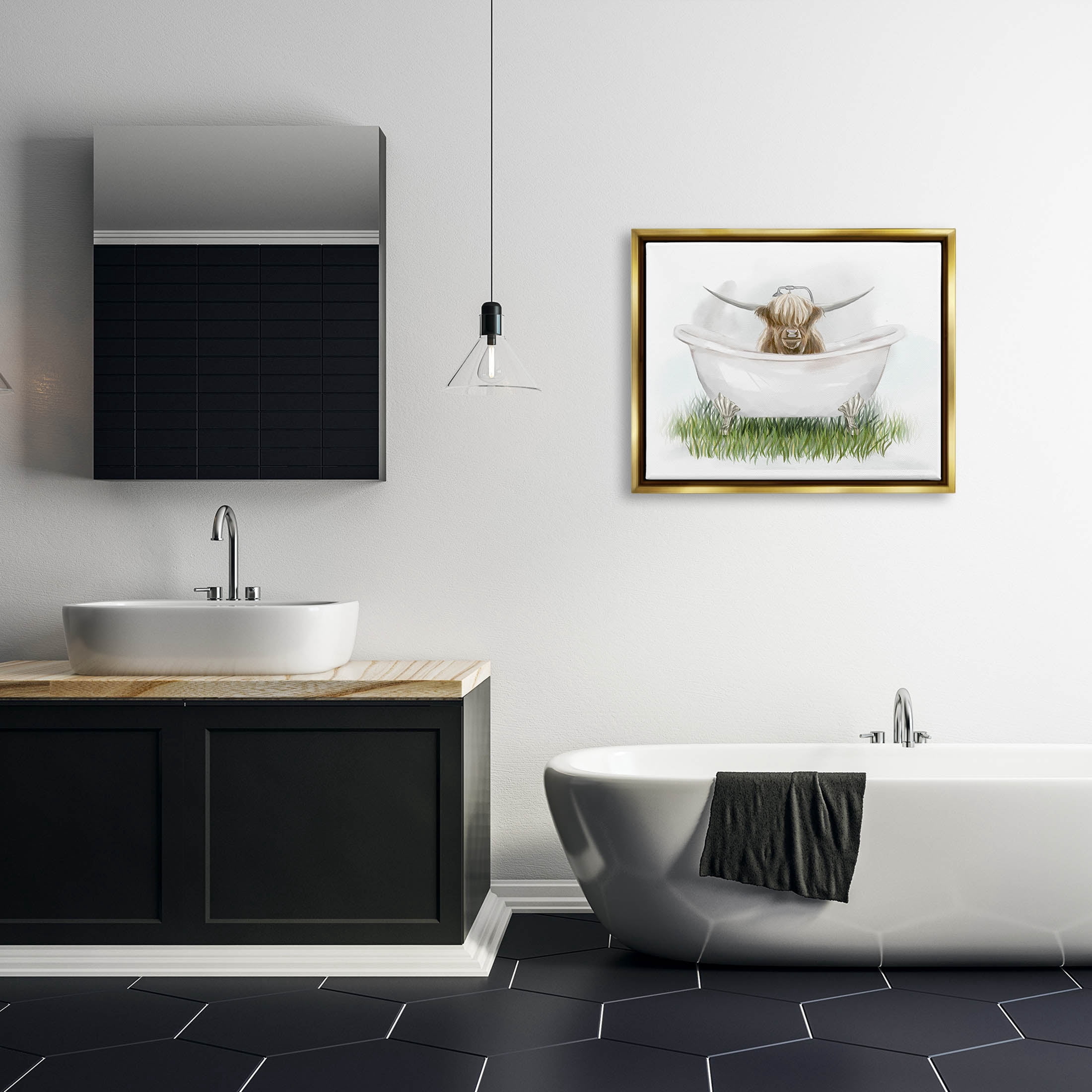 Country Highland Cattle Bathtub Animals & Insects Graphic Art Metallic Gold Framed Art Print Wall Art