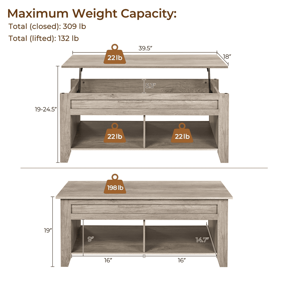 Alden Design 41" Wooden Lift Top Coffee Table with 2 Storage Compartments for Living Room, Rustic Gray