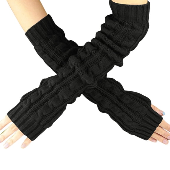 HNMKIU Long Knitted Fingerless Braided Wrist Warmers Textured Hand Mittens for Cold Weather Arm Black,One Size