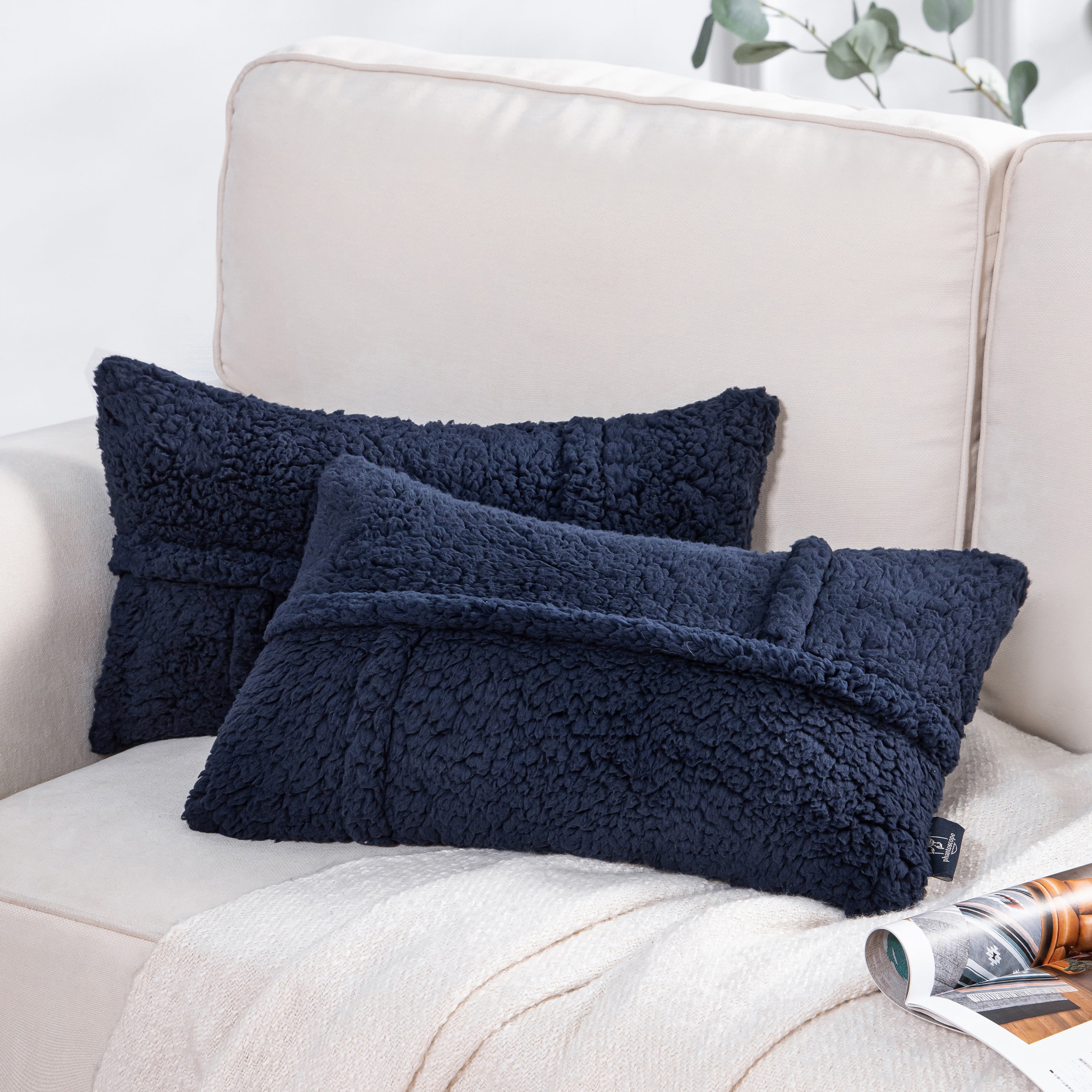 Phantoscope Sherpa Geometric Faux Fur Throw Pillows, Soft Fluffy Decorative Accent Pillows, Navy Blue, 12 x 20 in, Set of 2