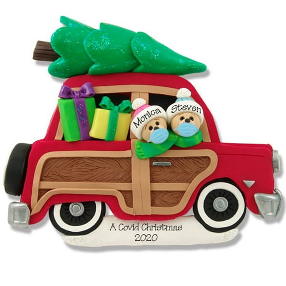 Covid-19 Bear Couple in Woody Wagon Pandemic / Coronavirus Personalized Family Ornament