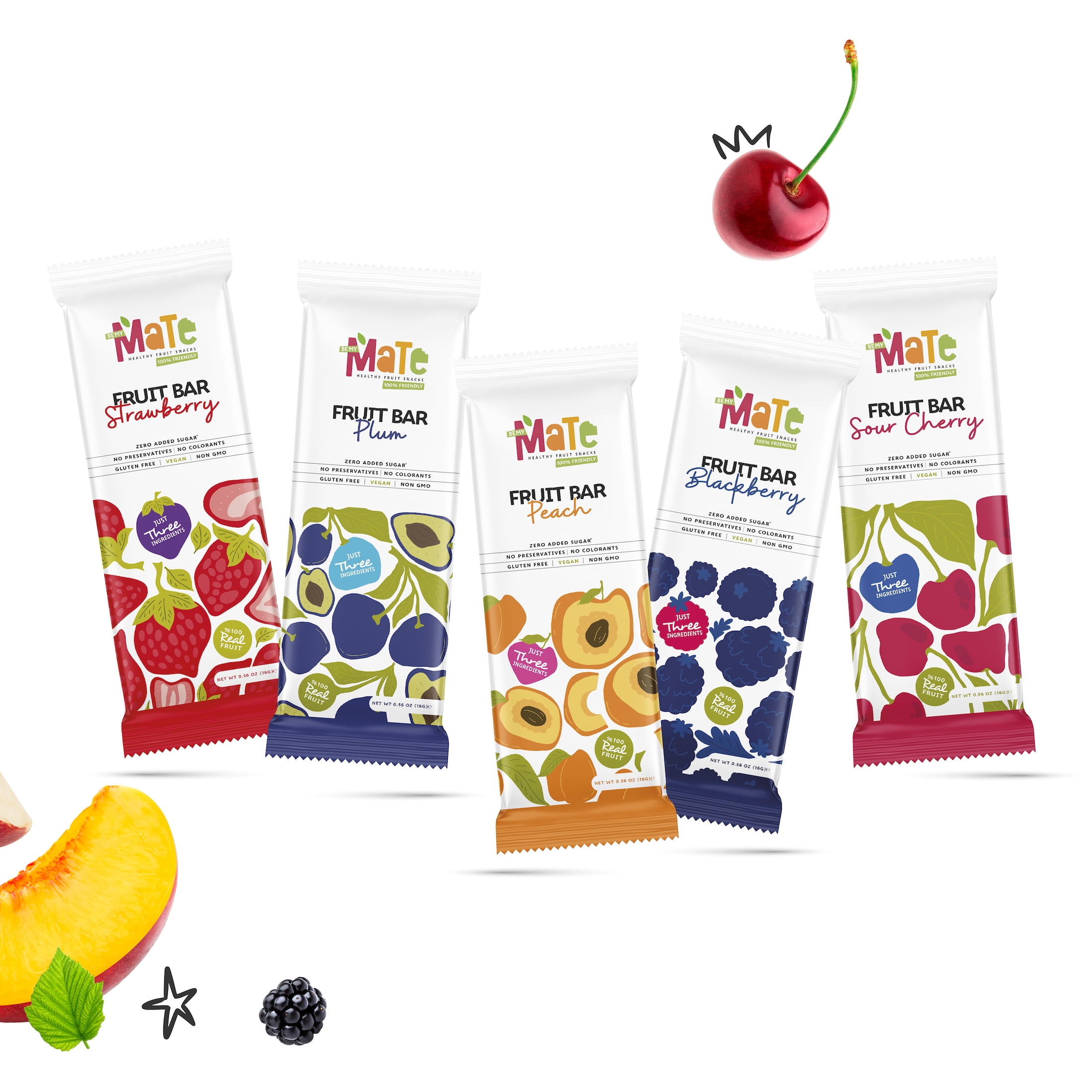 MaTe Healthy Fruit Bar Variety Pack, 40 Count, 100% Real Fruit Snacks, Gluten Free, Vegan, Non-GMO, No Added Sugar, Strawberry, Plum, Peach, Blackberry & Sour Cherry