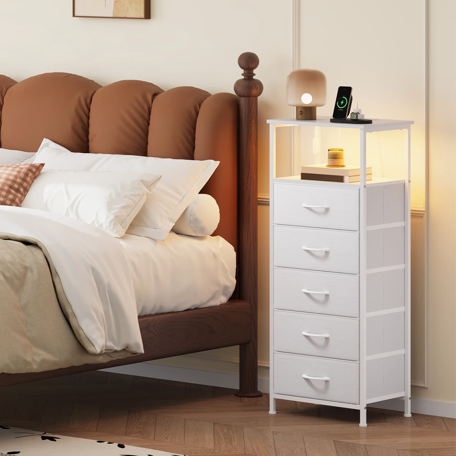 Eunos White Dresser for Bedroom, 5 Drawer Nightstand with Charging Station, LED and Open Shelf