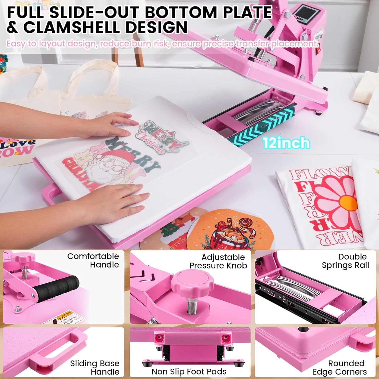 Adnoom Clamshell Heat Press 15x15 with Slide Out Design, Industrial-Quality Sublimation Press with Dual Tube Heating System, Digital Heat Transfer Machine for T-shirt, Mouse Pad, Pillows, Pink