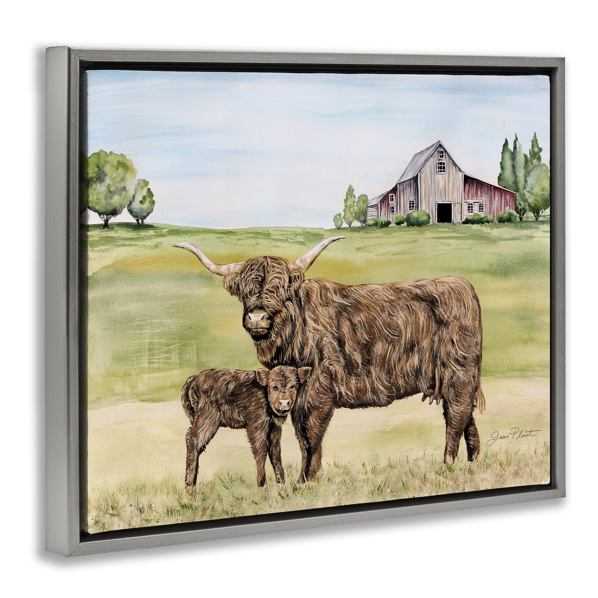 Highland Cow And Calf Gray Framed Floater Canvas Wall Art, design by Jean Plout