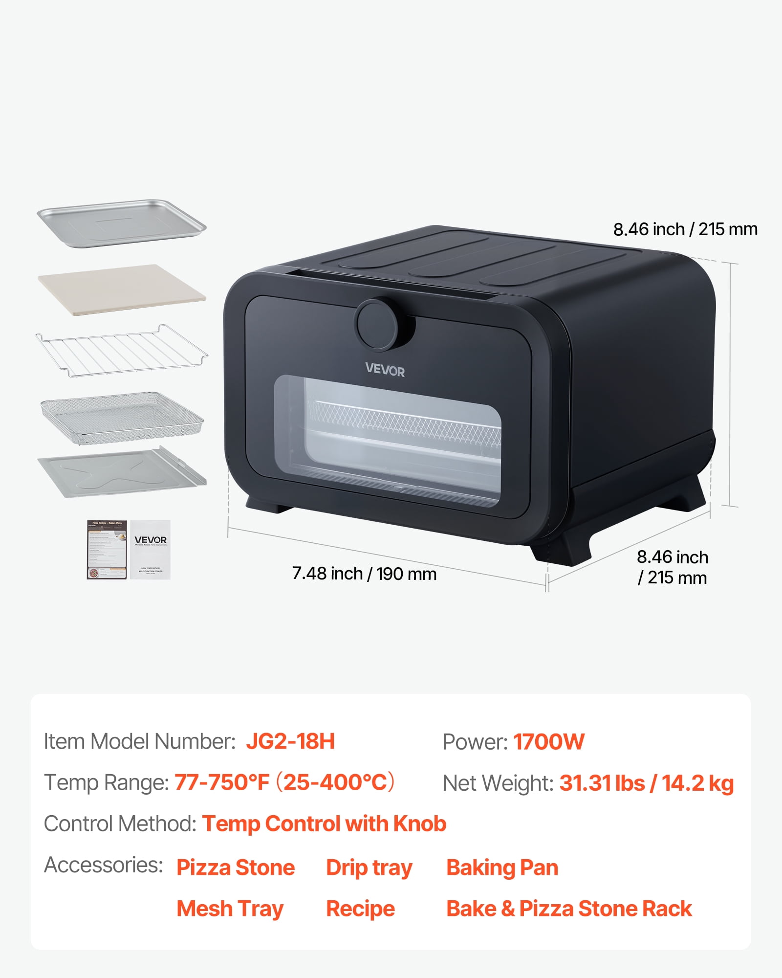 VEVOR Pizza Oven, 8 Presets Electric Pizza Ovens Air Fry Combo, 12-Inch Indoor Pizza Maker Smart Knob Control , 750°F Max Temp, IPX4 Waterproof Countertop Pizza Cooker w/Pizza Stone,Fry Basket