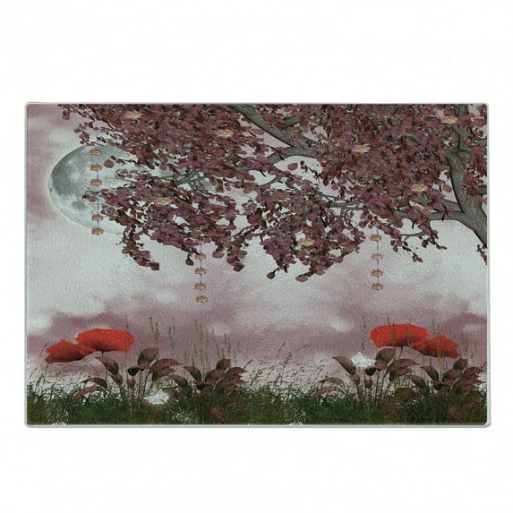 Poppy Flower Cutting Board, Dream Garden with Poppies Full Moon Floral Tree Branches Paradise, Decorative Tempered Glass Cutting and Serving Board, Small Size, Mauve Red, by Ambesonne