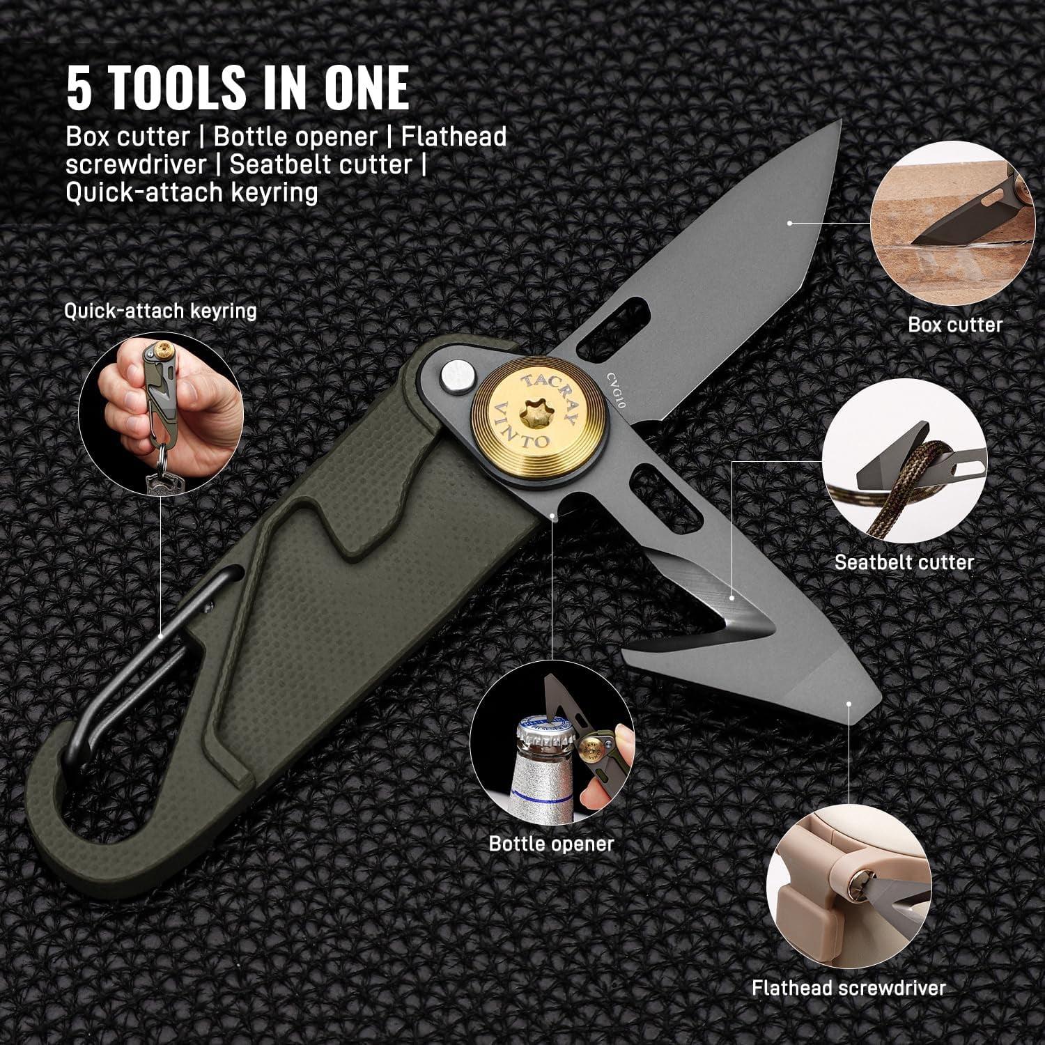 Vinto 5-in-1 Small Pocket Knife – Ultra-Light Compact Multitool with Utility Knife, Seatbelt Cutter, Bottle Opener, Flathead Screwdriver & Keyring Attachment for Everyday Carry (Green)