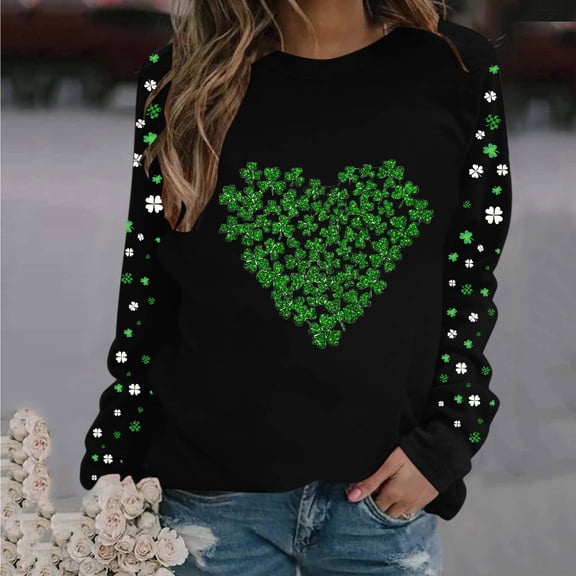 Vekome St Patricks Day Tops for Women Long Sleeve Plus Size Green Shirts Loose Crewneck Holiday Irish Themed Tee Shirts Color Block Holiday Pullover Tops