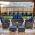 thumbnail image 2 of POCASSY 7 Pieces Fire Pit Table Set Patio Furniture with Glider Loveseat, All Weather Patio Outdoor Furniture Set with Cushioned Patio Loveseat and Patio Swivel Chairs, Brown Wicker Blue Cushion, 2 of 18