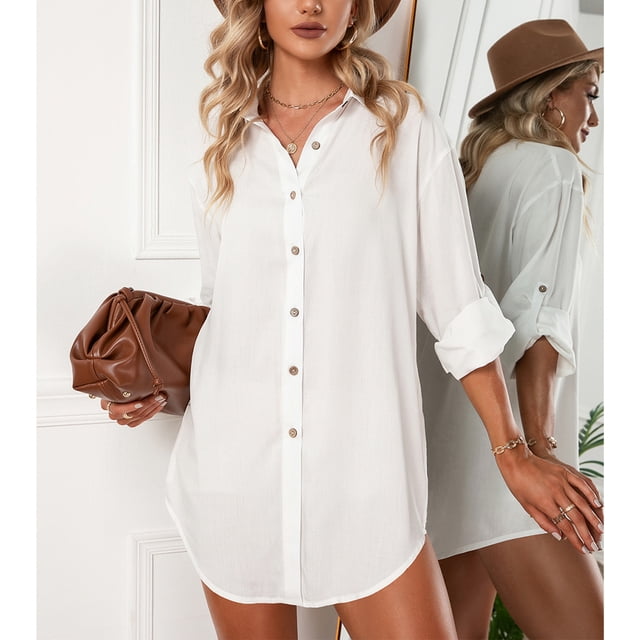 Vestido De Camisa Con Solapa Para Dama, Puños Evertidos Para La Piel, Camisa De Longitud Media Para Mujer, Tela Cómoda, Dobladillo Irregular, Lavable A Máquina Para Ir De ANGGREK No