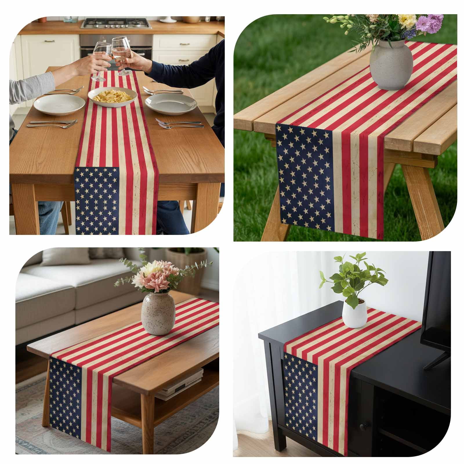 Vintage American Flag Table Runner-70 Inch Long Red White Striped Table Runners Linen Burlap Tablerunner for Kitchen Dining Room Holiday Party