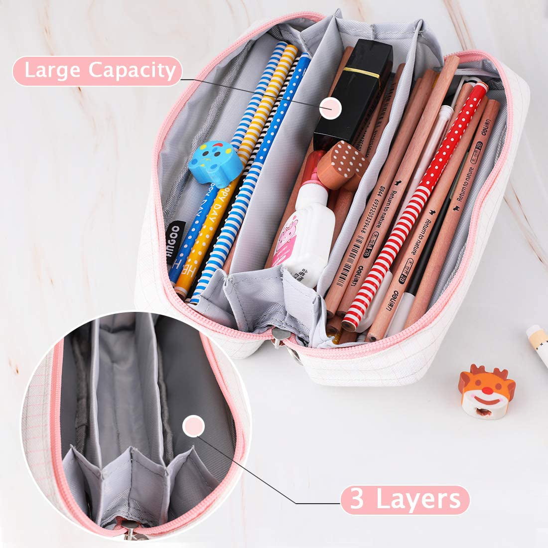 Oyachic Pencil Case with 3 Compartments Large Capacity Pencil Pouch Grid Stationery Bag Double Zipper Pencil Bag Canvas Pencil Holder for Students Pink and White Plaid 