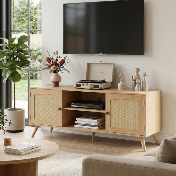 Mid Century Modern Rattan TV Stand for 55/60 Inch TV - 53" Boho Media Console Table with Cane Doors & Open Shelves, Oak Wood Finish Entertainment Center for Living Room, Hallway, Entryway