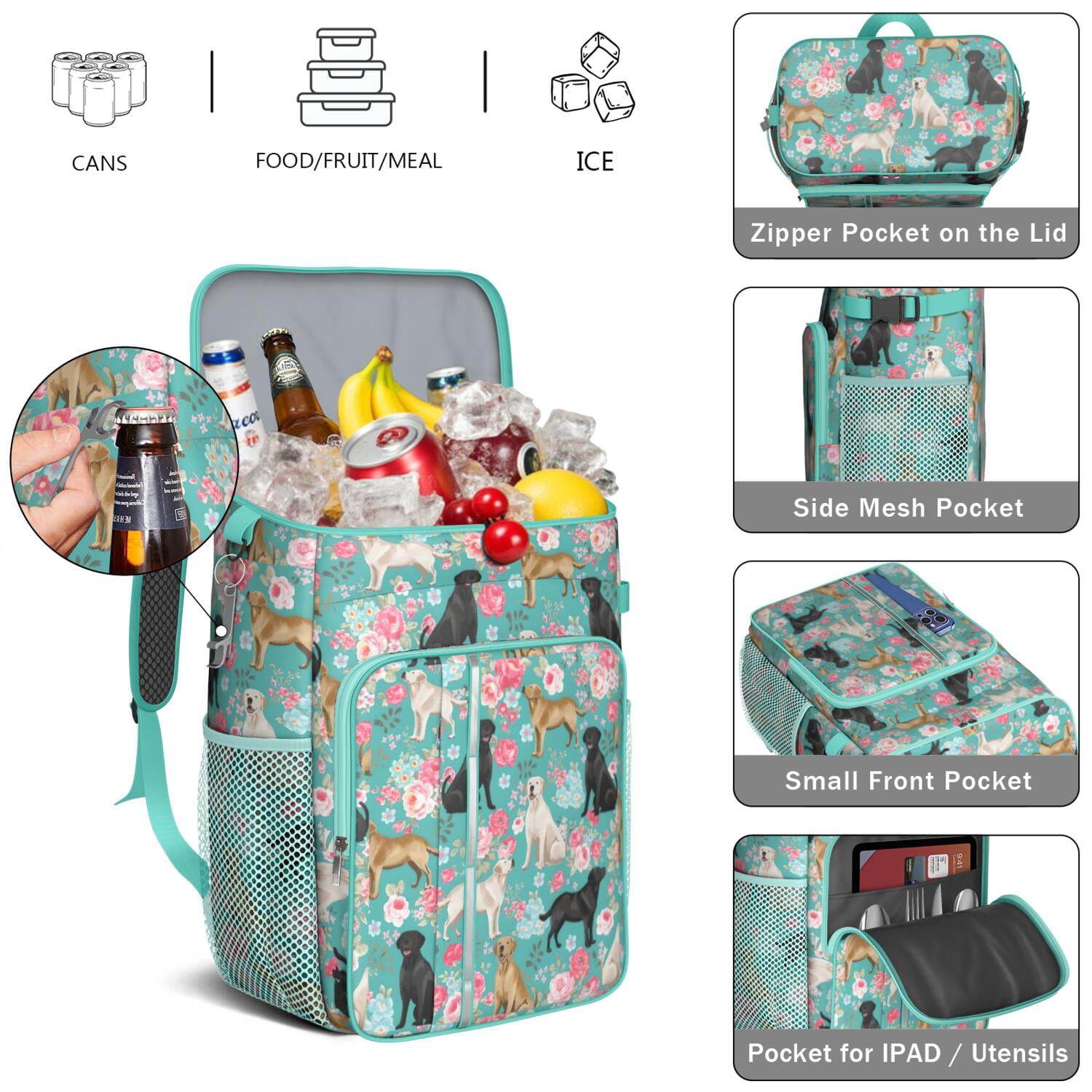 Travel Cooler Bag - Labrador Dogs with Flowers Camping Beer Cooler Backpack with Bottle Opener- Waterproof Insulated Picnic Backpacks - Cooler Bag for Beach