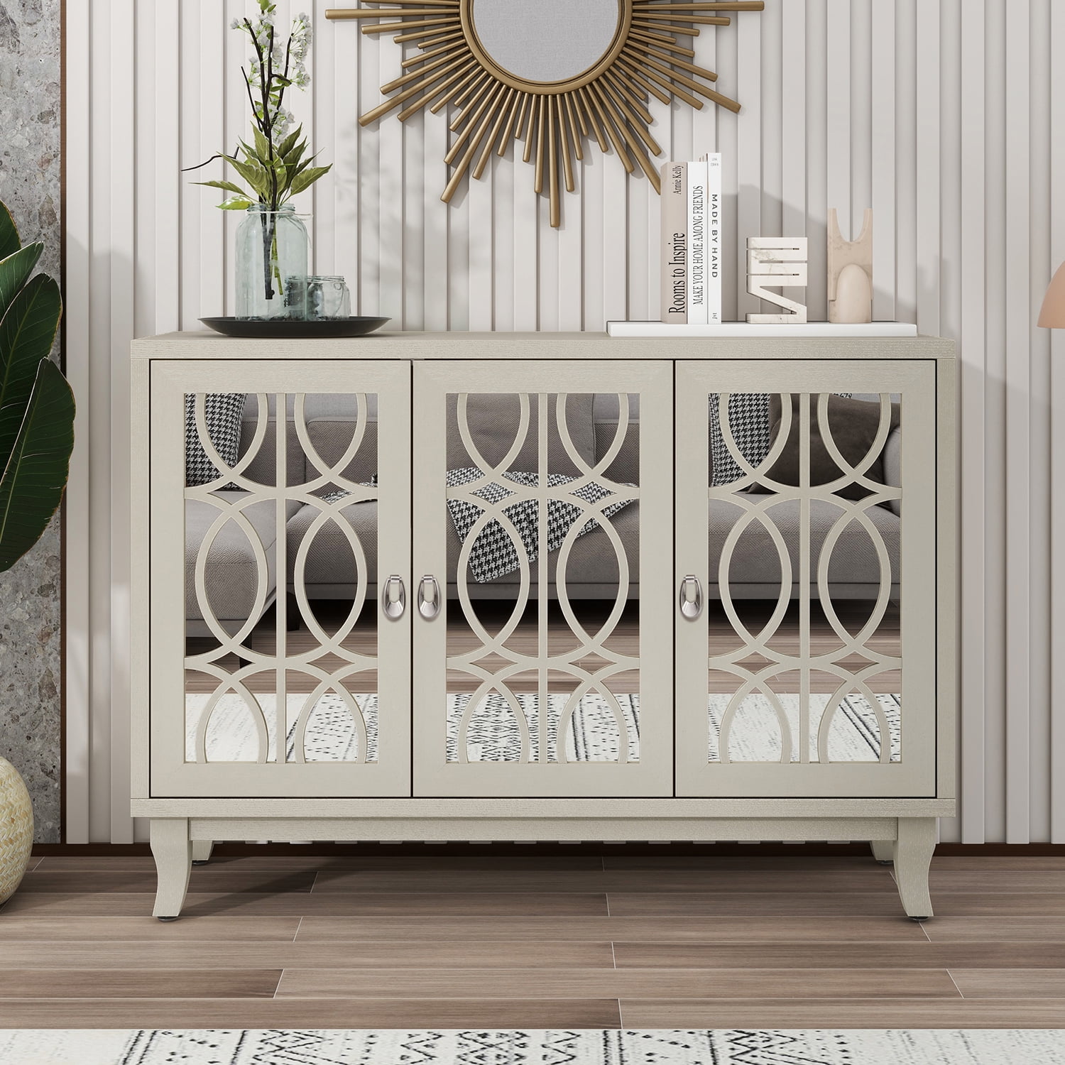 Kadyn Sideboard with Glass Doors, Accent Storage Cabinet with 3 Door, Sideboard Buffet Cabinet for Hallway, Champagne Kadyn Sideboard with Glass Doors, Accent Storage Cabinet with 3 Door, Sideboard Buffet Cabinet for Hallway, Champagne