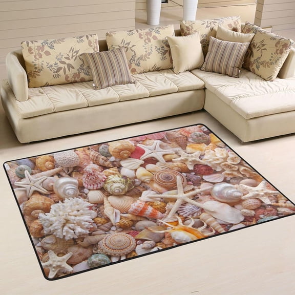 SKYSONIC 72x48in Summer Seashells Starfishes Area Rug, Unique Beach Theme Non-Slip Floor Carpet for Indoor Living Dining Room and Bedroom Area