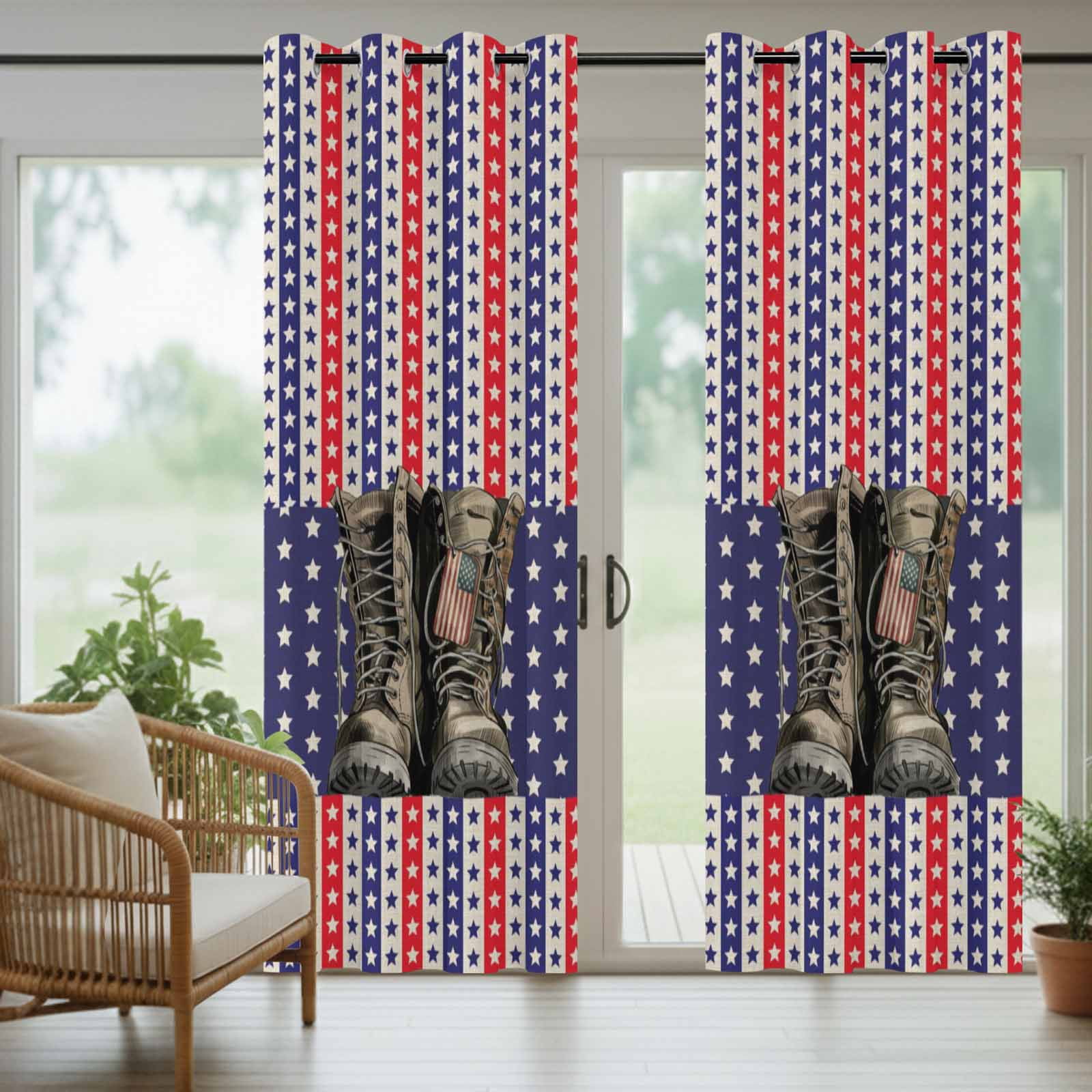 Independence Day Outdoor Curtains for Patio, Retro Boots American Red Blue Stripe Stars Sunshade Privacy Drapes Grommet Waterproof Outside Curtains for Porch/Cabana/Balcony 54"x 108", 1 Panel