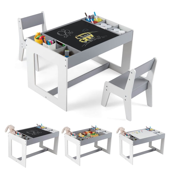 Costway Multifunctional Kids Table & 2 Chairs Set with Removable Double-sized Tabletop Gray   White