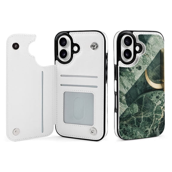 Compatible with iPhone 11 12 13 mini 14 15 16 Pro Max Plus Wallet Case with Card Holder, PU Leather Kickstand Card Slots Case ( Green Gold Marble Modern Luxury,, iPhone 16)