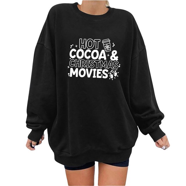 Qertyioot Chemises à Manches Longues pour Femmes, Mode Féminine Blouse Ample Col Rond T-Shirt Imprimé de Noël